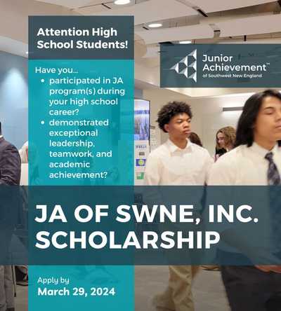 Photo of students with information about JA scholarships in text boxes