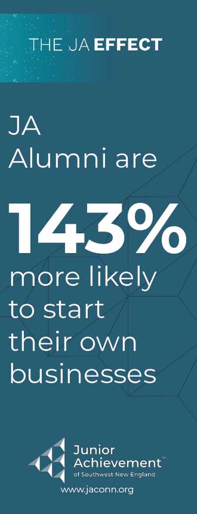 Dark blue background with text stating JA Alumni are 143% more likely to start their own business