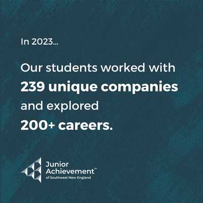 Dark blue background with text stating In 2023...out students worked with 239 unique companies and explored 200+ careers
